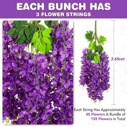 Wisteria Hanging Flowers, Fake Hanging Flowers, Wisteria artificiales Garland for Home Wedding Arch Floral Party Garden Ceremony Outdoor Decor, 3.6 feet Long (12, Purple)
