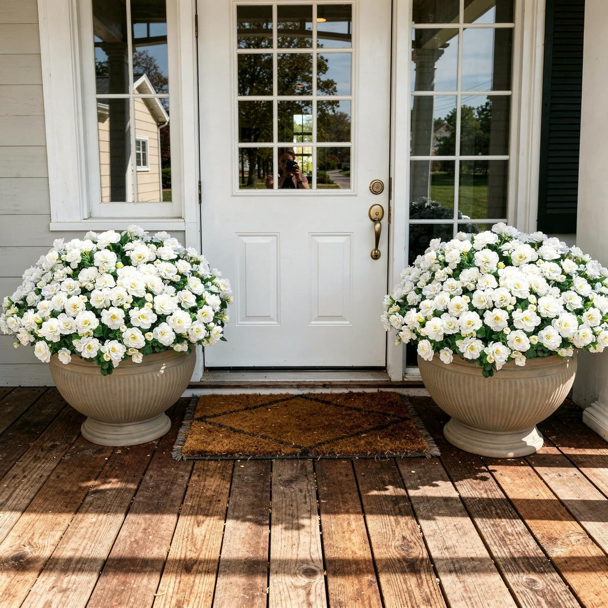 Ivydale Artificial Fake White Flowers Plants for Spring Outdoor Outside, Faux Silk Camellia UV Resistant Realistic for Front Door Porch Patio Balcony Garden Yard Decor, 3 Large Bundles