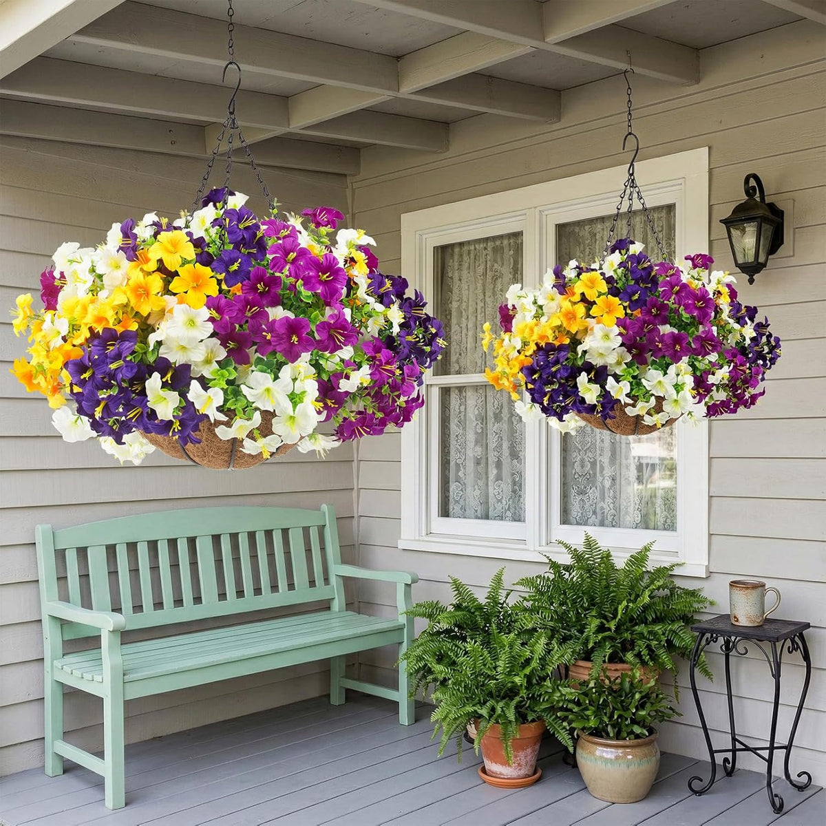 2 Set Artificial Outdoor Flowers with Hanging Baskets, 24 Pcs UV Resistant Faux Petunia Flowers with Hanging Planter for Front Door Porch Spring Outside Decor (2, White, Yellow, Purple, RedViolet)