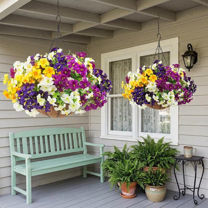 2 Set Artificial Outdoor Flowers with Hanging Baskets, 24 Pcs UV Resistant Faux Petunia Flowers with Hanging Planter for Front Door Porch Spring Outside Decor (2, White, Yellow, Purple, RedViolet)