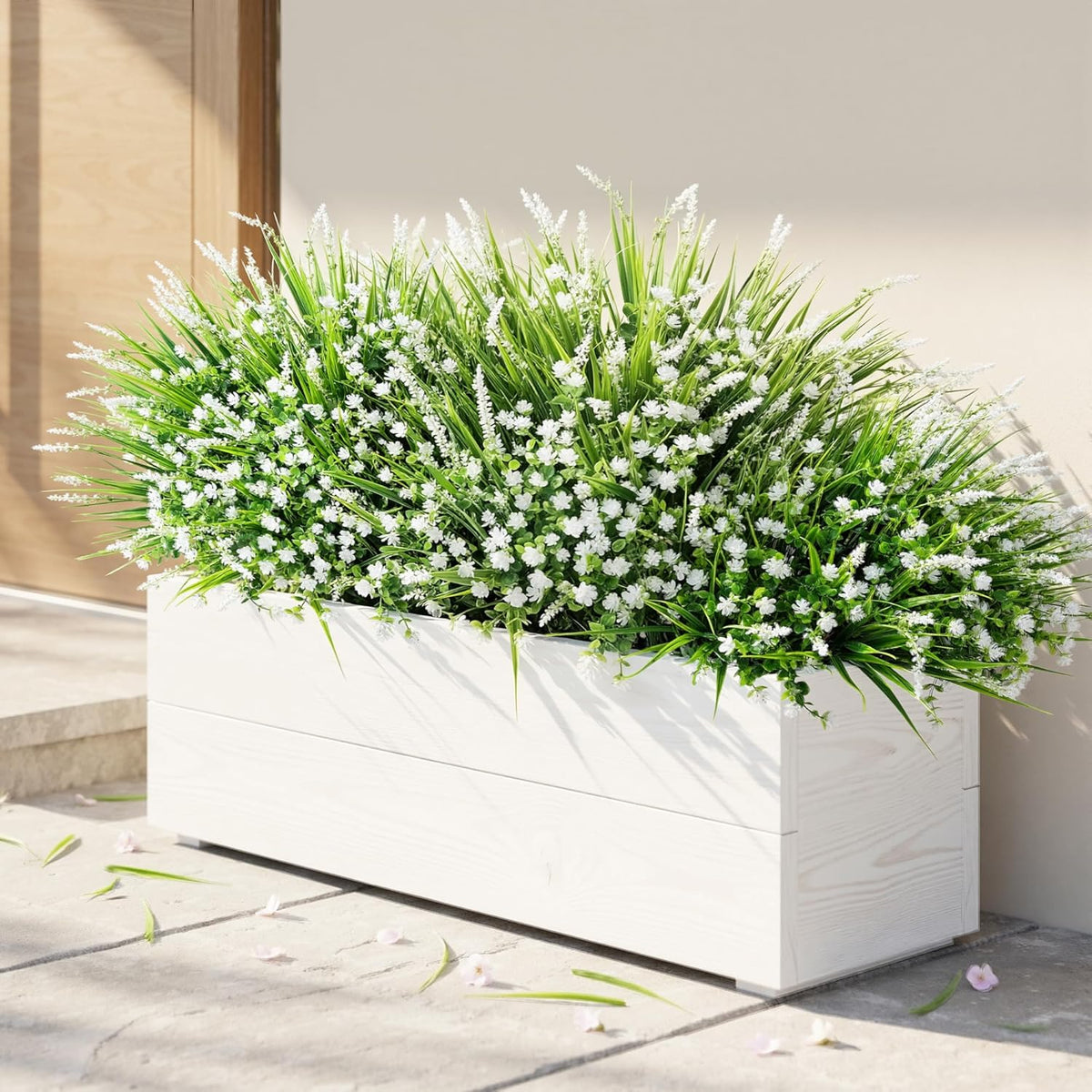 Artificial Fake Outdoor Plants Flowers for Spring Decoration, UV Resistant Realistic White Plastic Flowers Faux Plant Monkey Grass for Planter Home Garden Porch Patio Window Box