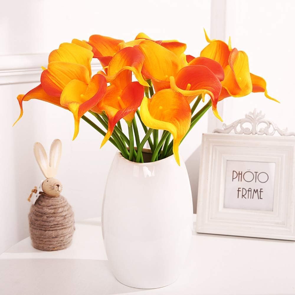 Floral Kingdom 20 Pack Artificial Calla Lily Flowers 14 Inch Yellow-Orange – Real Touch Faux Flowers for Table Centerpieces, Home Decor and Weddings