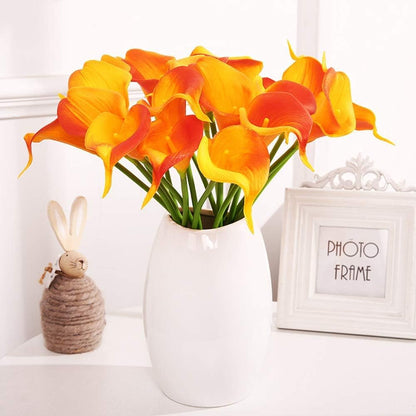 Floral Kingdom 20 Pack Artificial Calla Lily Flowers 14 Inch Yellow-Orange – Real Touch Faux Flowers for Table Centerpieces, Home Decor and Weddings