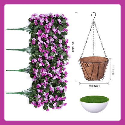 Artificial Flowers in Hanging Basket for Outdoors Spring Decor, Fake Mums Flowers Faux Plants with Basket for Indoors Home Porch Garden Yard Patio Decoration (Purple Pink)