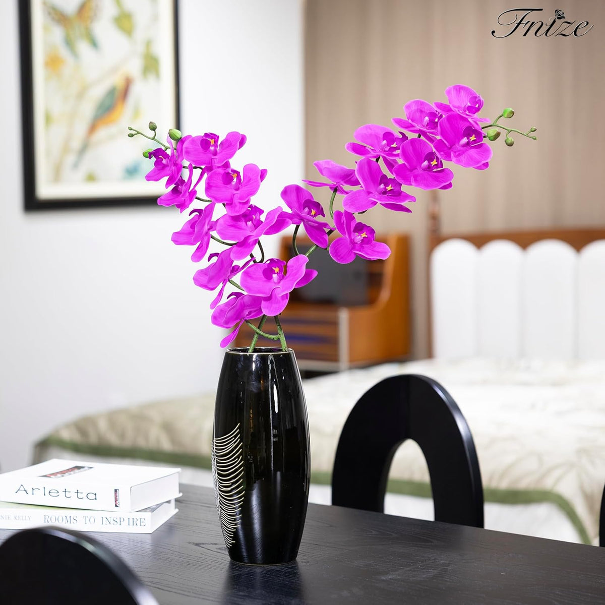 Fnize Artificial Orchid Stems Real Touch Latex Phalaenopsis Branches Faux Cymbidium Flowers 9 Large Petals 38 Inches 2 Pcs (Rose red)