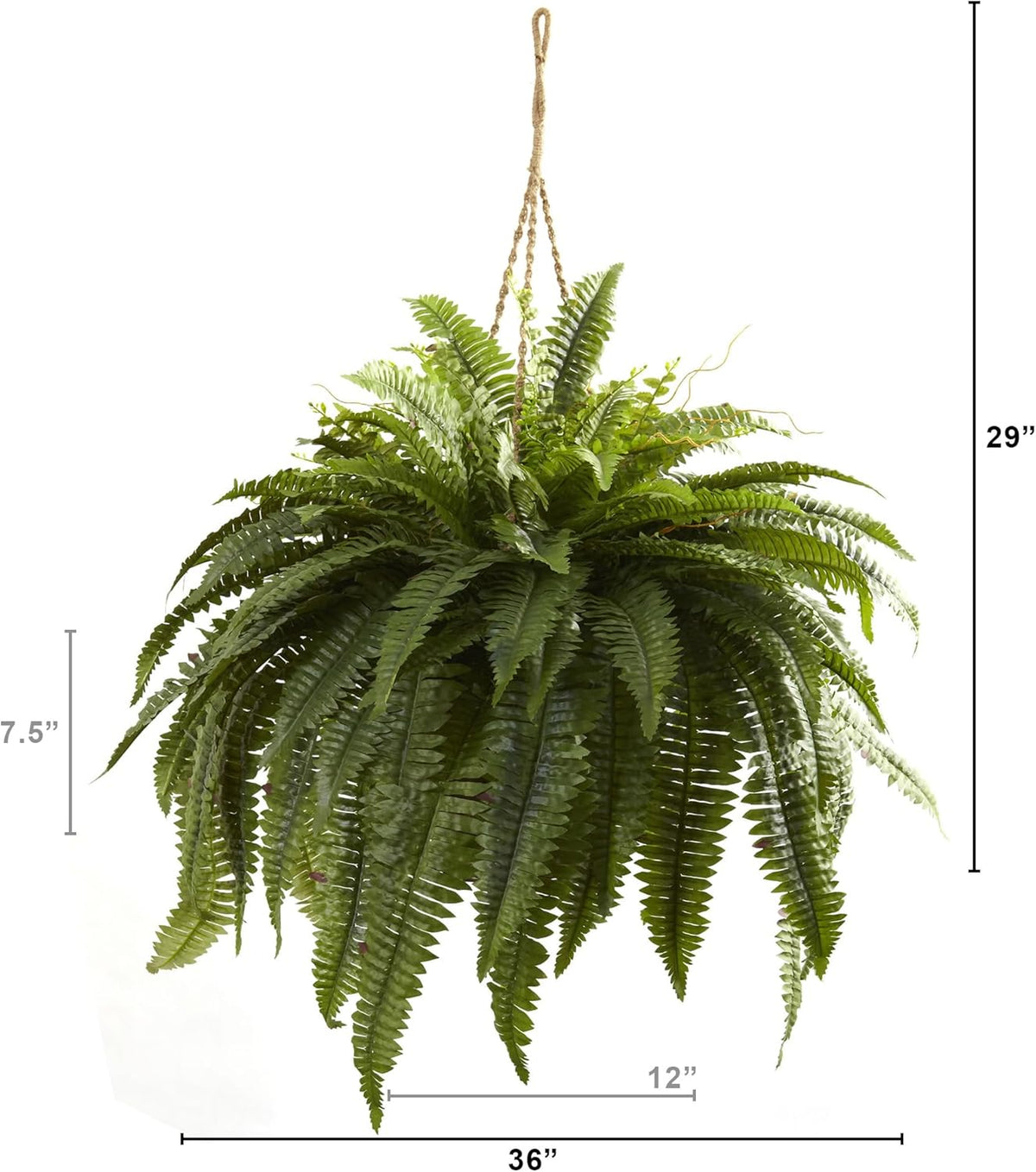 Nearly Natural Giant 36in Wide Artificial Boston Fern Hanging Basket, Faux Greenery For Indoor Home Porch Decor, Green