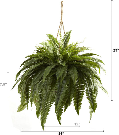 Nearly Natural Giant 36in Wide Artificial Boston Fern Hanging Basket, Faux Greenery For Indoor Home Porch Decor, Green