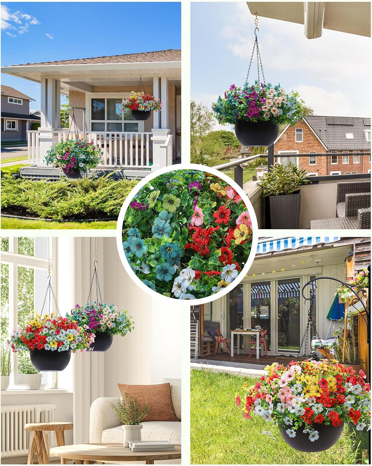 2 Sets Artificial Hanging Plants Flowers with Basket for Outdoors, 30 Bundles UV Resistant Fake Plants Spring Summer Decoration Faux Silk Eucalyptus Garden Patio Yard Front Porch Balcony Arrangement