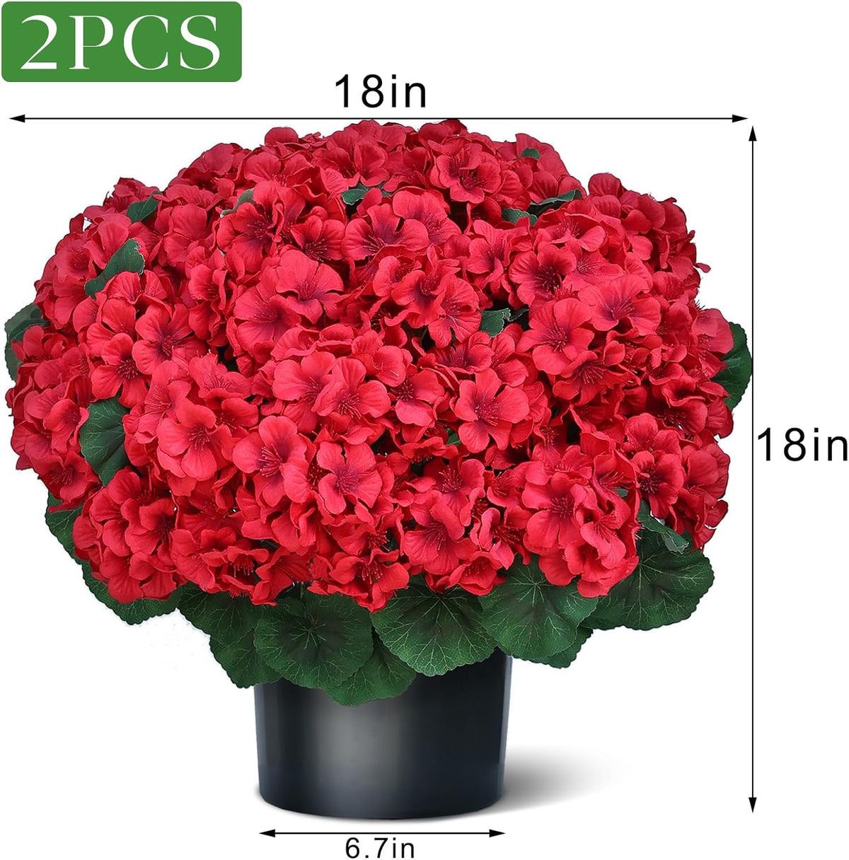 18" Artificial Geraniums Topiary - 2 Set for Front Porch Decor, Faux Silk Flowers Bushes UV Resistant Potted Plants for Outdoor Indoor Door Offices Garden Farmhouse Home Decor (Red)