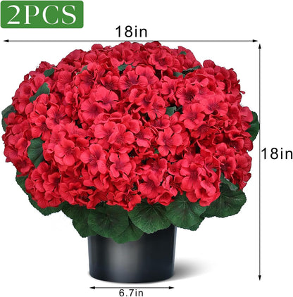 18" Artificial Geraniums Topiary - 2 Set for Front Porch Decor, Faux Silk Flowers Bushes UV Resistant Potted Plants for Outdoor Indoor Door Offices Garden Farmhouse Home Decor (Red)