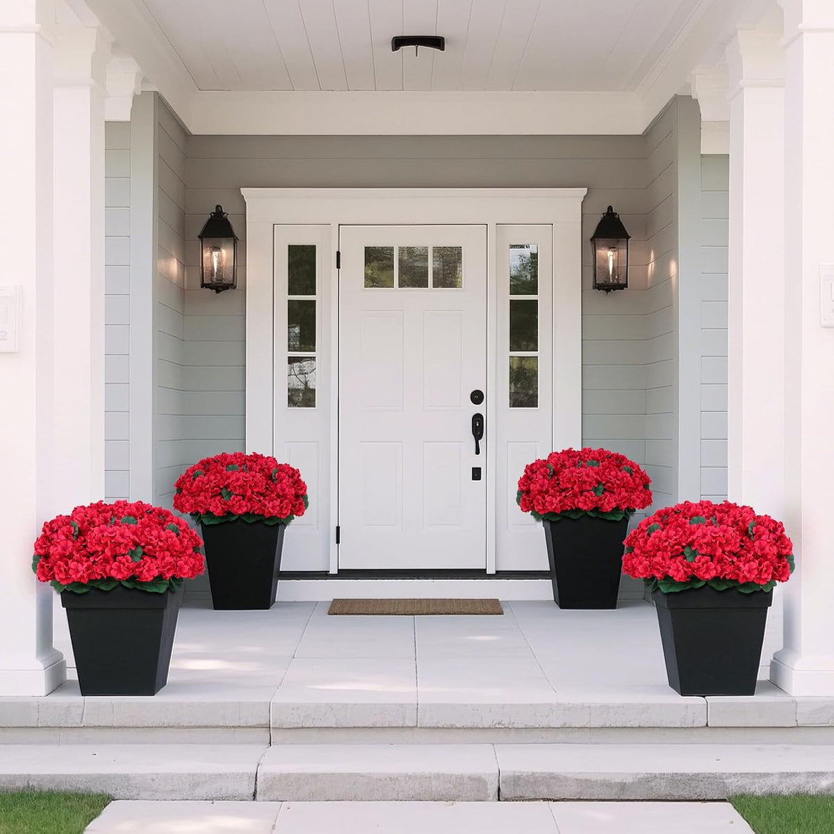 18" Artificial Geraniums Topiary - 2 Set for Front Porch Decor, Faux Silk Flowers Bushes UV Resistant Potted Plants for Outdoor Indoor Door Offices Garden Farmhouse Home Decor (Red)