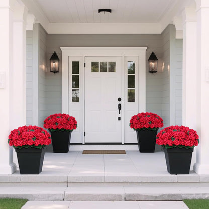 18" Artificial Geraniums Topiary - 2 Set for Front Porch Decor, Faux Silk Flowers Bushes UV Resistant Potted Plants for Outdoor Indoor Door Offices Garden Farmhouse Home Decor (Red)
