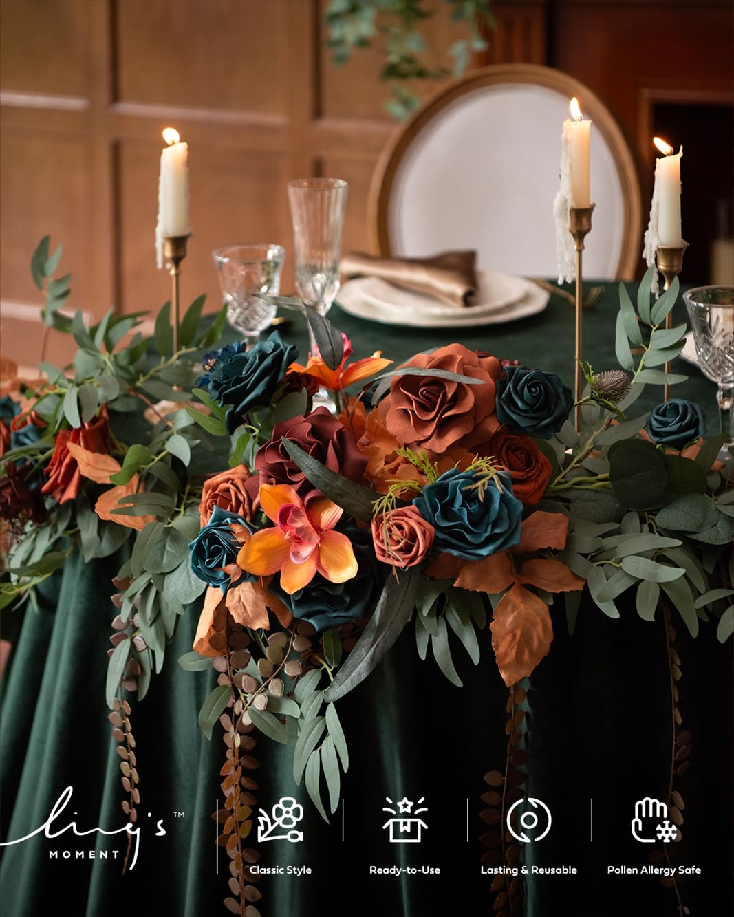 Ling's moment Fake Flowers Box, Faux Artificial Greenery Stems Foam Roses Gardenia Silk Poppy Fabic Flower for Centerpieces Bouquet Wedding Vase Decorations, Teal & Burnt Orange, Deluxe Combo