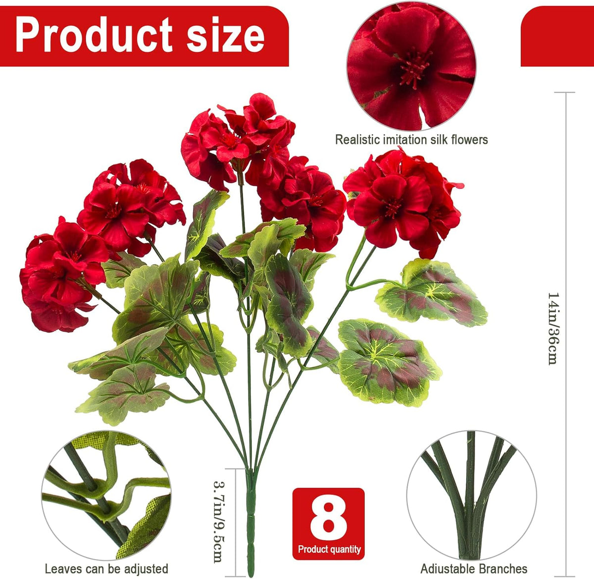 lovemoon 8 Pcs Artificial Geranium Plant Realistic Silk Flowers for Outside UV Resistant Faux Geranium Flowers for Indoor Outdoor Home Garden Office Decoration (8, Red)