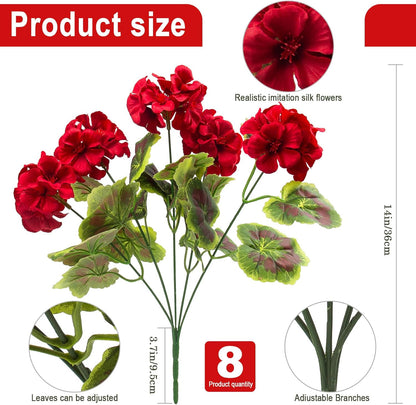 lovemoon 8 Pcs Artificial Geranium Plant Realistic Silk Flowers for Outside UV Resistant Faux Geranium Flowers for Indoor Outdoor Home Garden Office Decoration (8, Red)