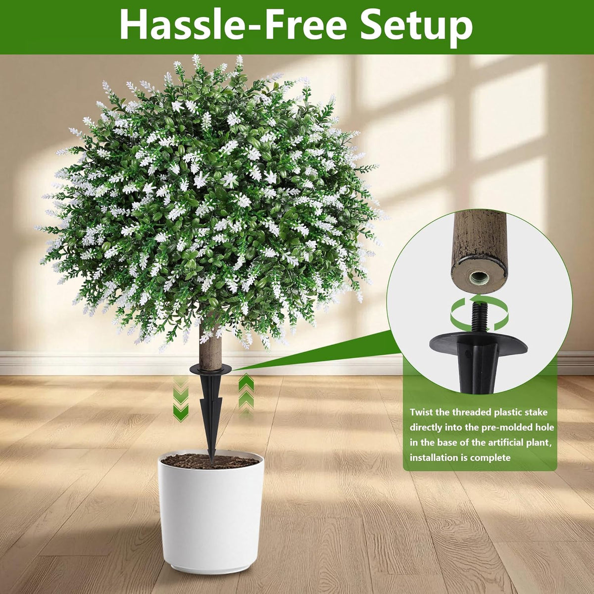 HyeFlora 26" Artificial Topiary Boxwood Ball Trees with Lavender 2 Pack Fake Plants for Outdoor Indoor Artificial Shrubs with Ground Spike UV Resistant Fake Bushes for Front Porch Garden (White)