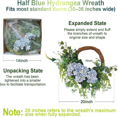 18 Inch Blue Faux Hydrangea Half Wreath, Spring Summer Year-Round Floral Wreaths Decor, Romantic Blooming Accent for Front Door, Porch, Living Room, Bedroom, Wall, Wedding Decorations