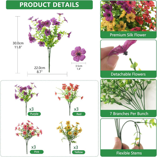 Homsunny Artificial Flowers for Outdoors, 12 PCS Faux Silk Flower Spring Decoration, Fake Outdoor Flowers UV Resistant No Fade Artificial Plants for Home Planter Front Porch Garden Patio Yard Decor