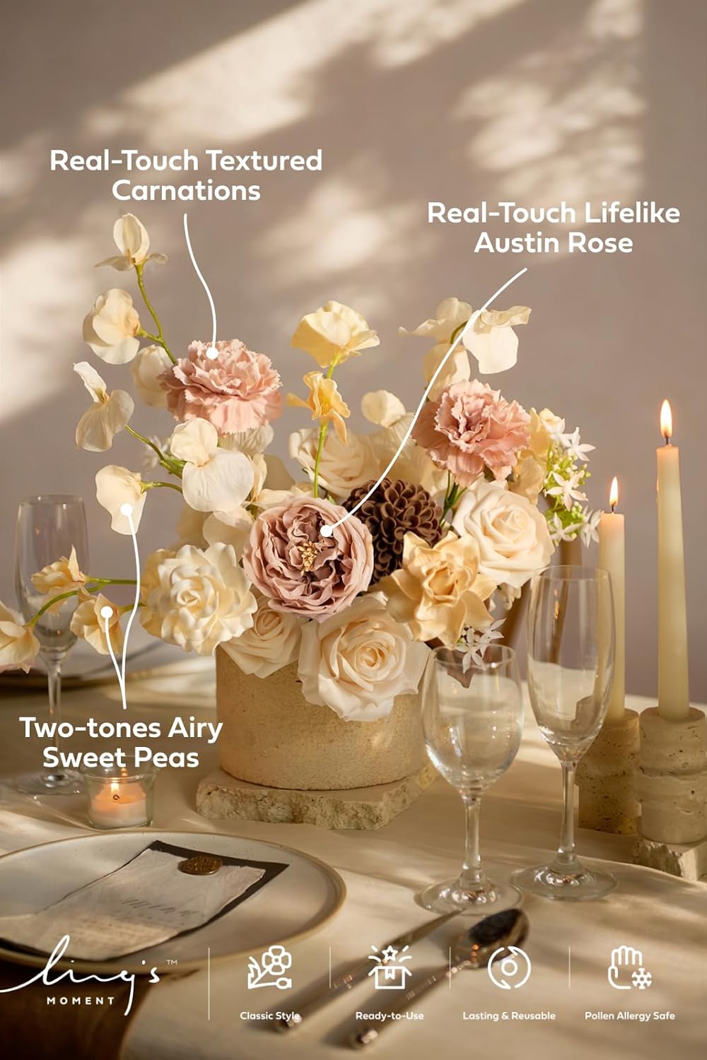 Ling's Moment Fake Flowers Box, Faux Peony Artificial Dahlia Foam Roses Silk Carnation for Centerpiece Bouquet Wedding Floral Arrangement Bridal Shower Party, Earth Brown & Butter Yellow, Deluxe Combo