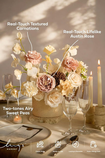 Ling's Moment Fake Flowers Box, Faux Peony Artificial Dahlia Foam Roses Silk Carnation for Centerpiece Bouquet Wedding Floral Arrangement Bridal Shower Party, Earth Brown & Butter Yellow, Deluxe Combo