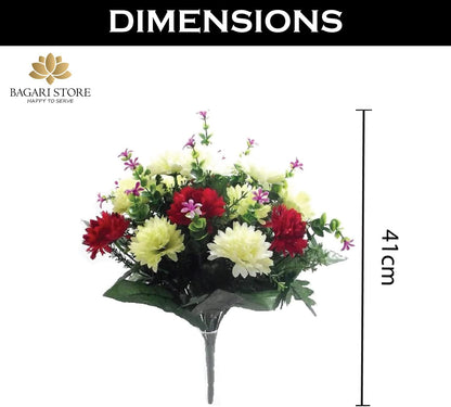 Bagari Artificial Flowers, Large Mixed Bush Grave Flowers, 16 inch Fake Flowers for Decoration, Ivory - Light Green - Red Artificial Flowers for Outdoor & Indoor Events Wedding Party Home Decoration