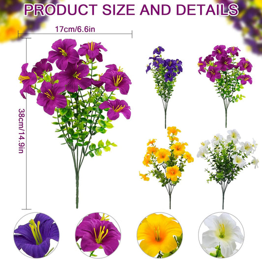 16 Pcs Faux Petunias Artificial Flowers For Outdoors, UV Resistant Fake Petunias Plants Realistic Silk Flowers for Porch Front Door Garden Window Outside Decor (16, White, Yellow, Purple, RedViolet)