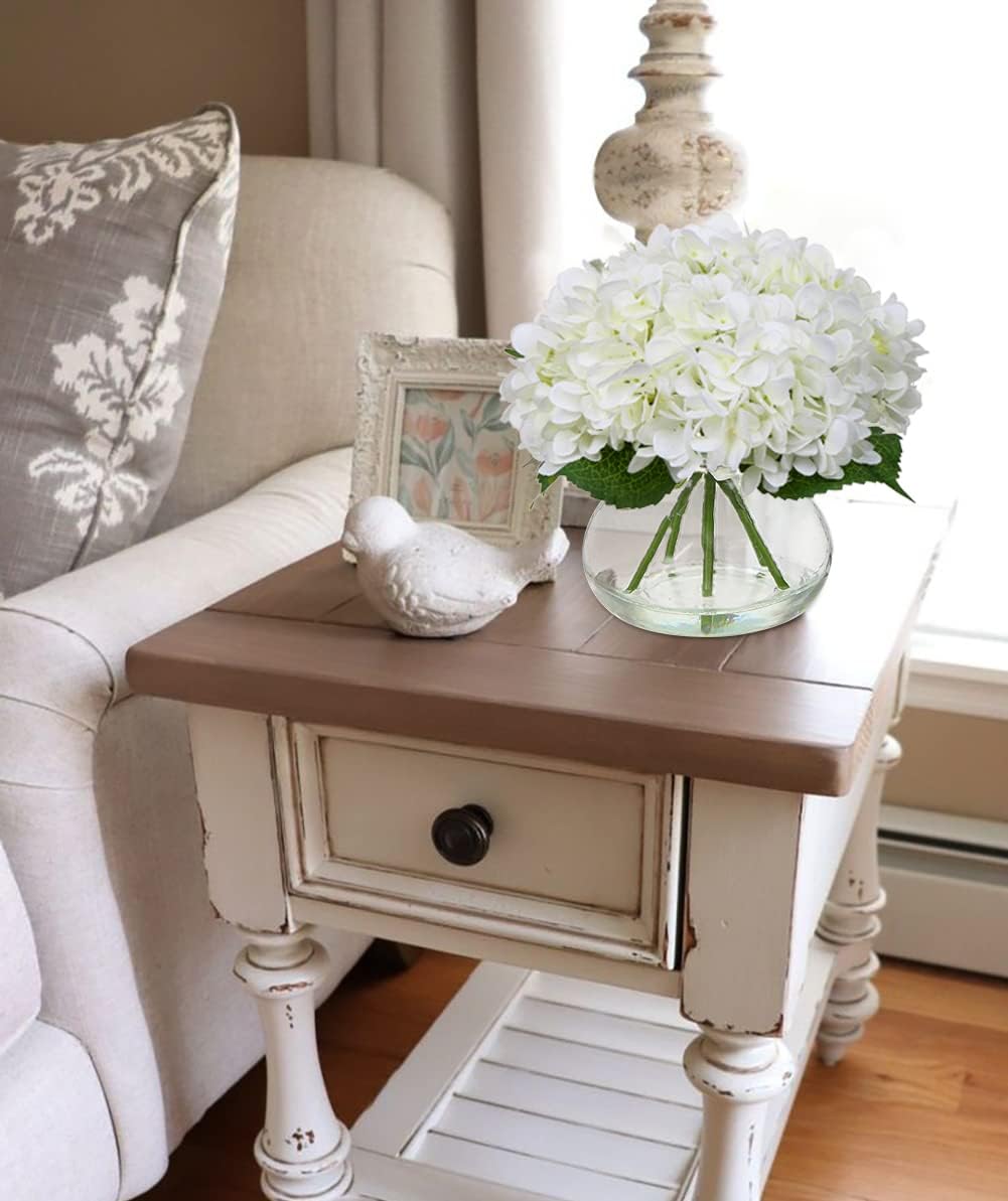 Hollyone Hydrangea Artificial Flowers with Vase White Silk Fake Flowers Arrangements in Glass Vase with Faux Water for Home Bathroom Office Table Centerpiece Shelf Decorations