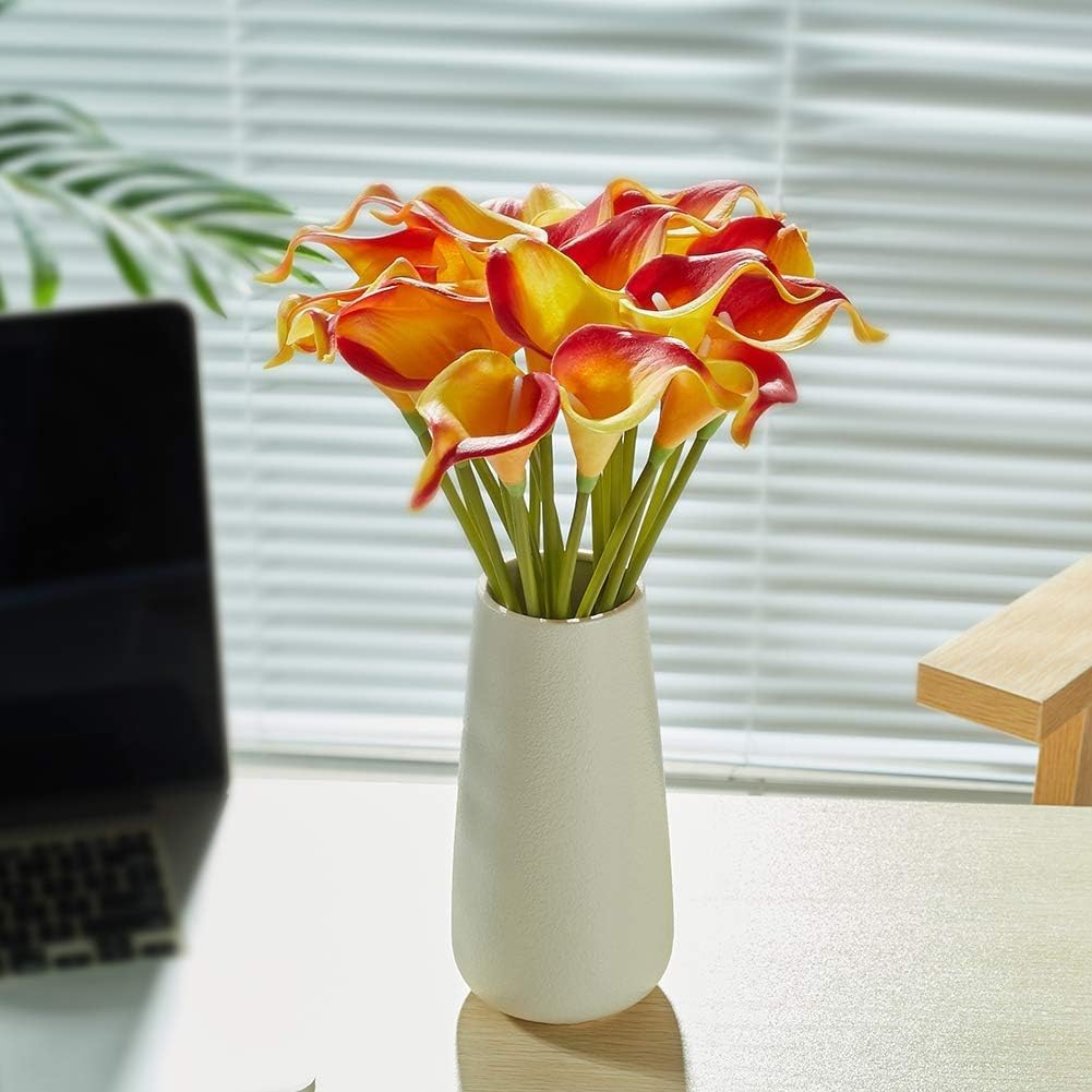 Floral Kingdom 20 Pack Artificial Calla Lily Flowers 14 Inch Yellow-Orange – Real Touch Faux Flowers for Table Centerpieces, Home Decor and Weddings