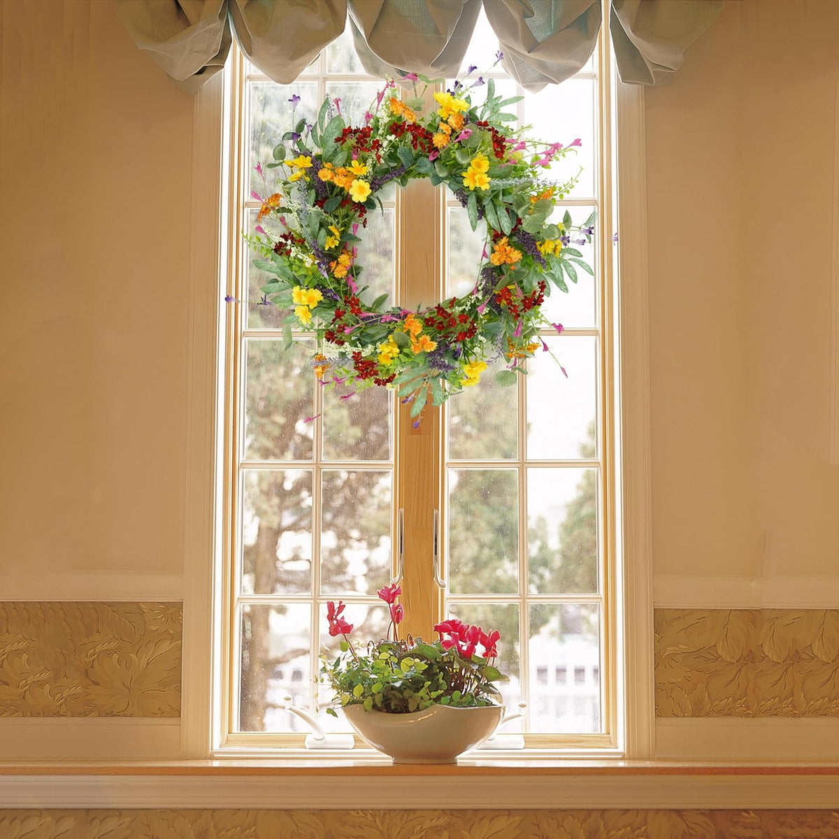 AMF0RESJ Artificial Spring Summer Wreath for Front Door Yellow Daisy Wreath with Olive Leaf, Eucalyptus Leaves for Front Door Indoor Outdoor Wall Porch Farmhouse Home Decor