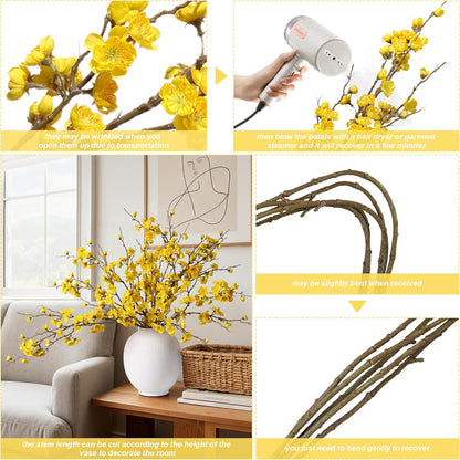 6 PCS Artificial Cherry Blossom Branches Spring Indoor Decoration, Faux Yellow Silk Flowers 34.45" Long Stems Real Touch Plum Fake Peach Plants for New Year Wedding Home Bedroom Table Office