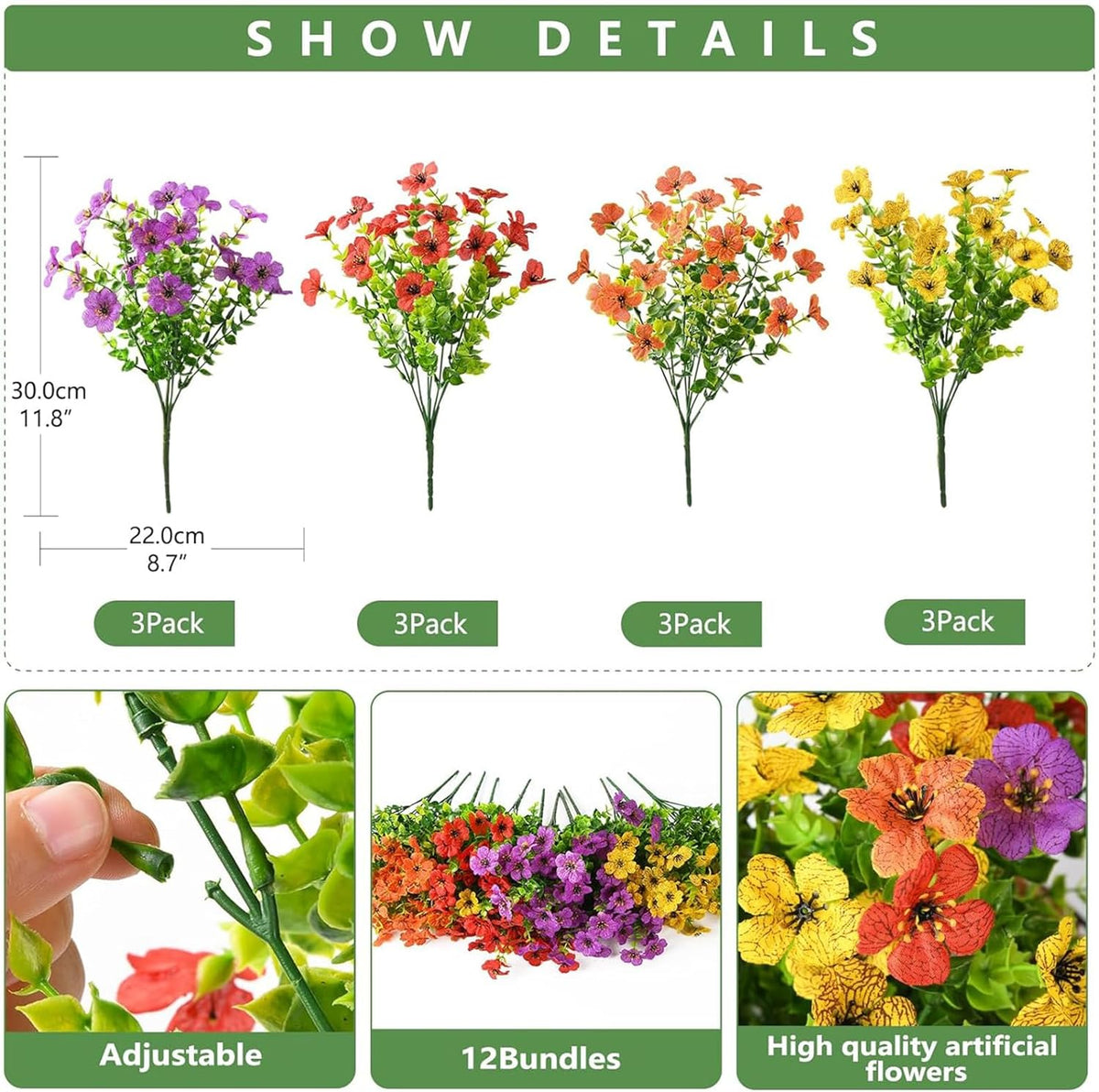 INQCMY Artificial Flowers for Outdoors Faux Plants Outdoor Fake Flowers Spring Decoration, 12 Bundles Faux Silk Colorful Daisy Realistic UV Resistant for Outside Home Planter Window Porch Patio Yard