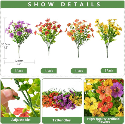 INQCMY Artificial Flowers for Outdoors Faux Plants Outdoor Fake Flowers Spring Decoration, 12 Bundles Faux Silk Colorful Daisy Realistic UV Resistant for Outside Home Planter Window Porch Patio Yard