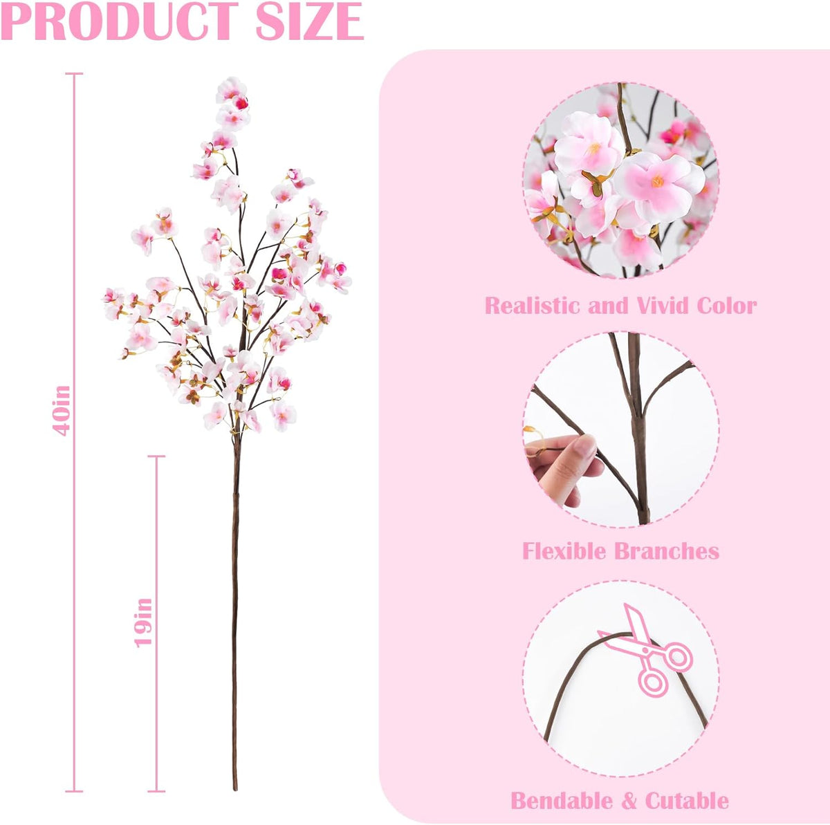 Uieke Silk Cherry Blossom Branches, 40.5in Artificial Cherry Blossom Flowers Long Stems Fake Flowers Vase Arrangements for Wedding Home Japanese Decor, Set of 3, Pink