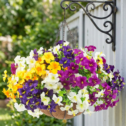 2 Set Artificial Outdoor Flowers with Hanging Baskets, 24 Pcs UV Resistant Faux Petunia Flowers with Hanging Planter for Front Door Porch Spring Outside Decor (2, White, Yellow, Purple, RedViolet)