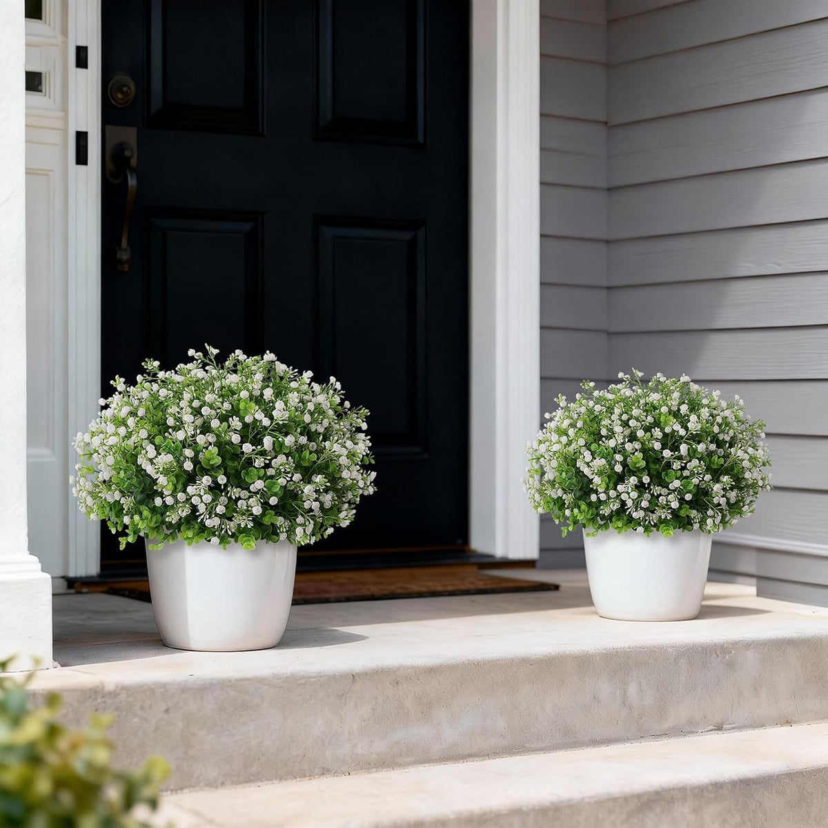Artificial Eucalyptus with Baby's Breath Topiary Ball Trees - 2 Set Faux Potted Plants