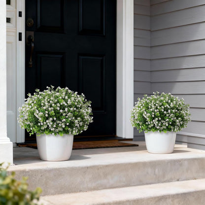 Artificial Eucalyptus with Baby's Breath Topiary Ball Trees - 2 Set Faux Potted Plants