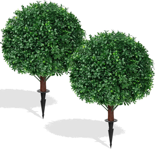 2 Pack Artificial Boxwood Topiary Ball Trees, 16" UV Resistant Fake Evergreen Shrubs Bushes Plants with Ground Spike, Fake Plants for Outdoor Indoor Front Porch Garden