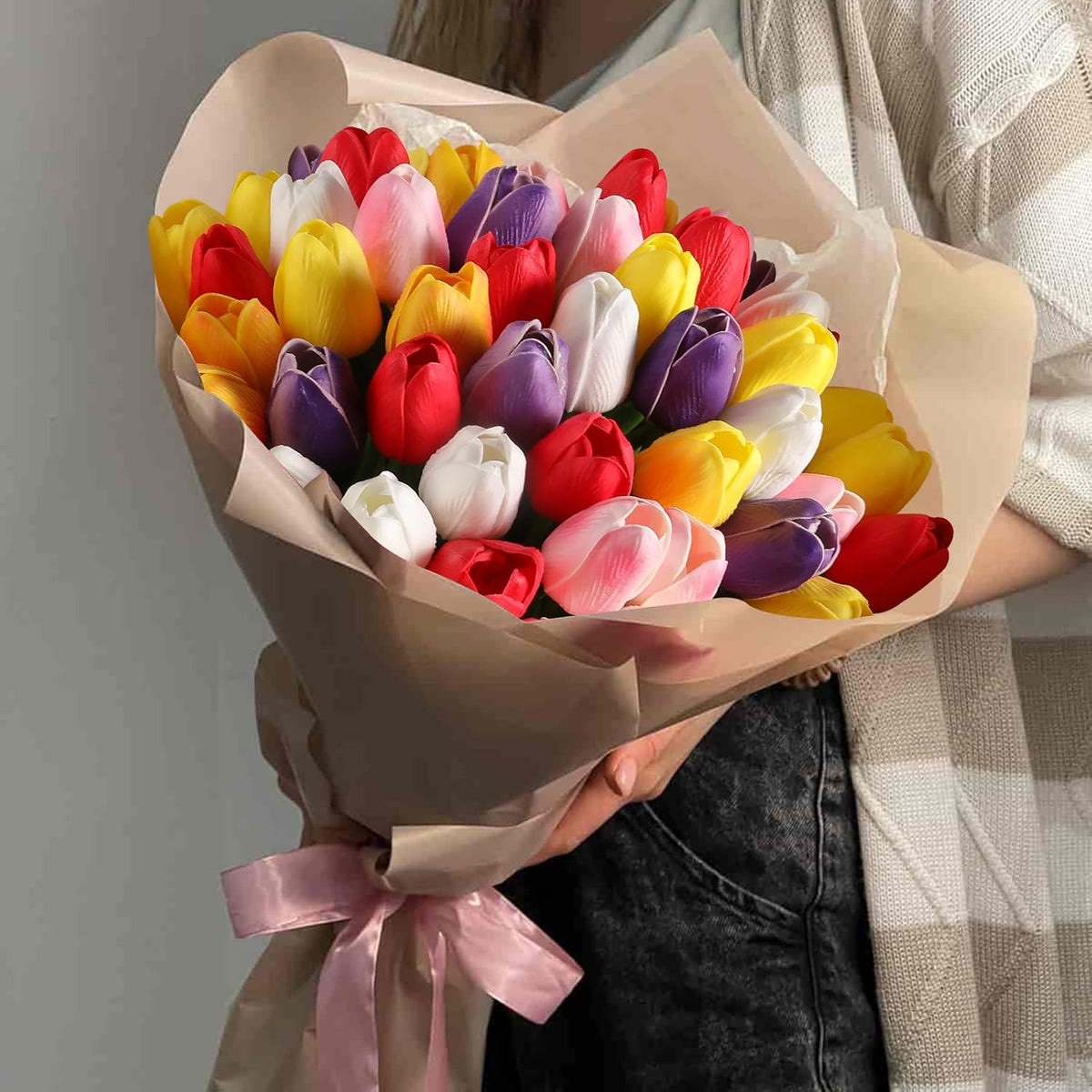 24 Pcs Artificial Tulips PU Faux Flowers, Red Real Touch Fake Tulips for Valentine's Day Spring Easter Home Kitchen Wedding Decorations and New Year Decor