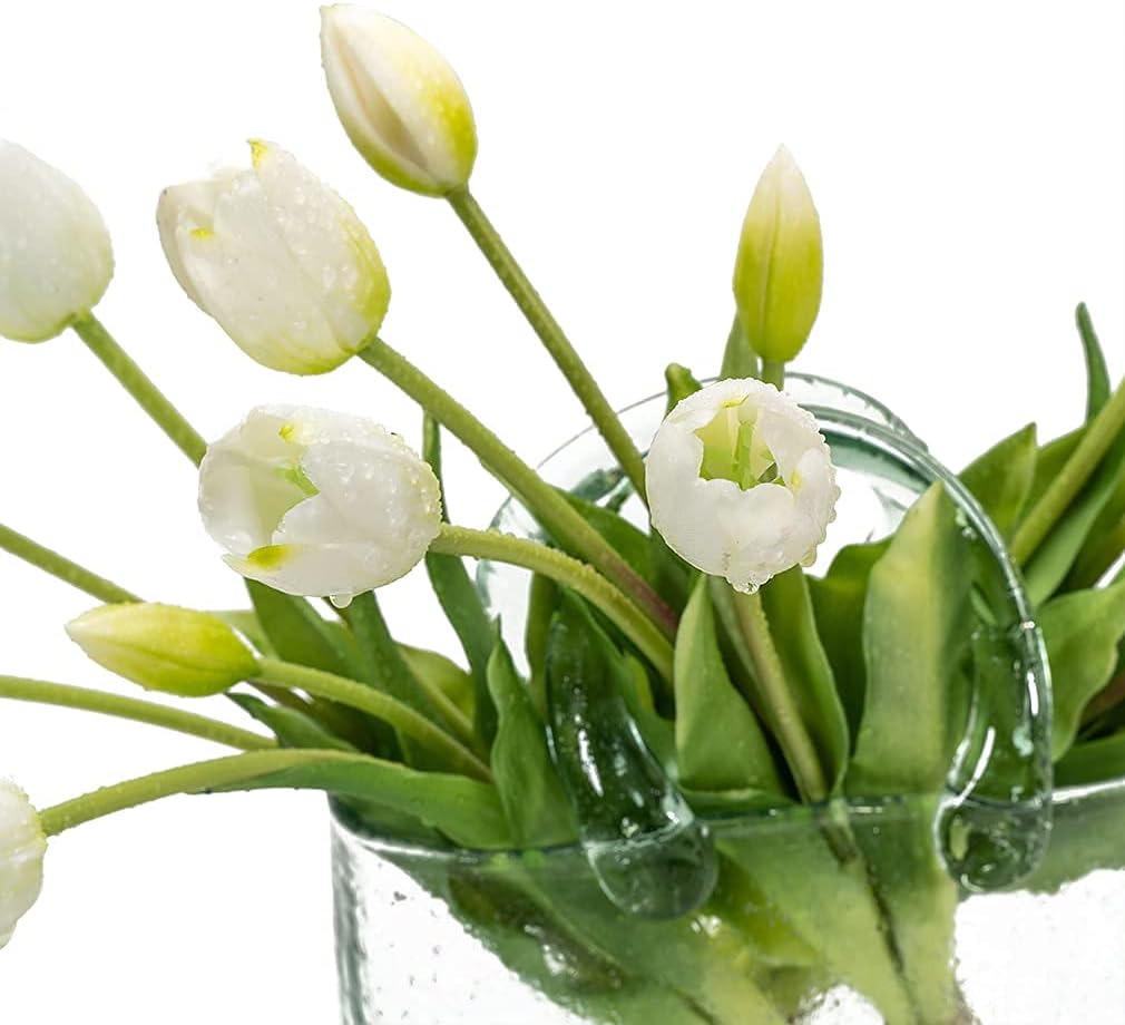 15 Pcs Artificial Tulips Flowers, Latex Bouquet, Fake Tulips for Office Wedding Party Home Kitchen Garden Decoration (White, 15 Pcs)