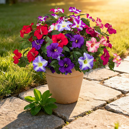 19 Inch Artificial Fake Flowers for Outdoor, 4 Pcs Faux Silk Petunias Spring Flowers for Outside for Indoor Porch Planter Front Door Garden Patio Window Box Home Decor (Multiple Color)
