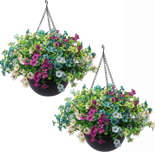 2 Sets Artificial Hanging Plants Flowers with Basket for Outdoors, 30 Bundles UV Resistant Fake Plants Spring Summer Decoration Faux Silk Eucalyptus Garden Patio Yard Front Porch Balcony Arrangement
