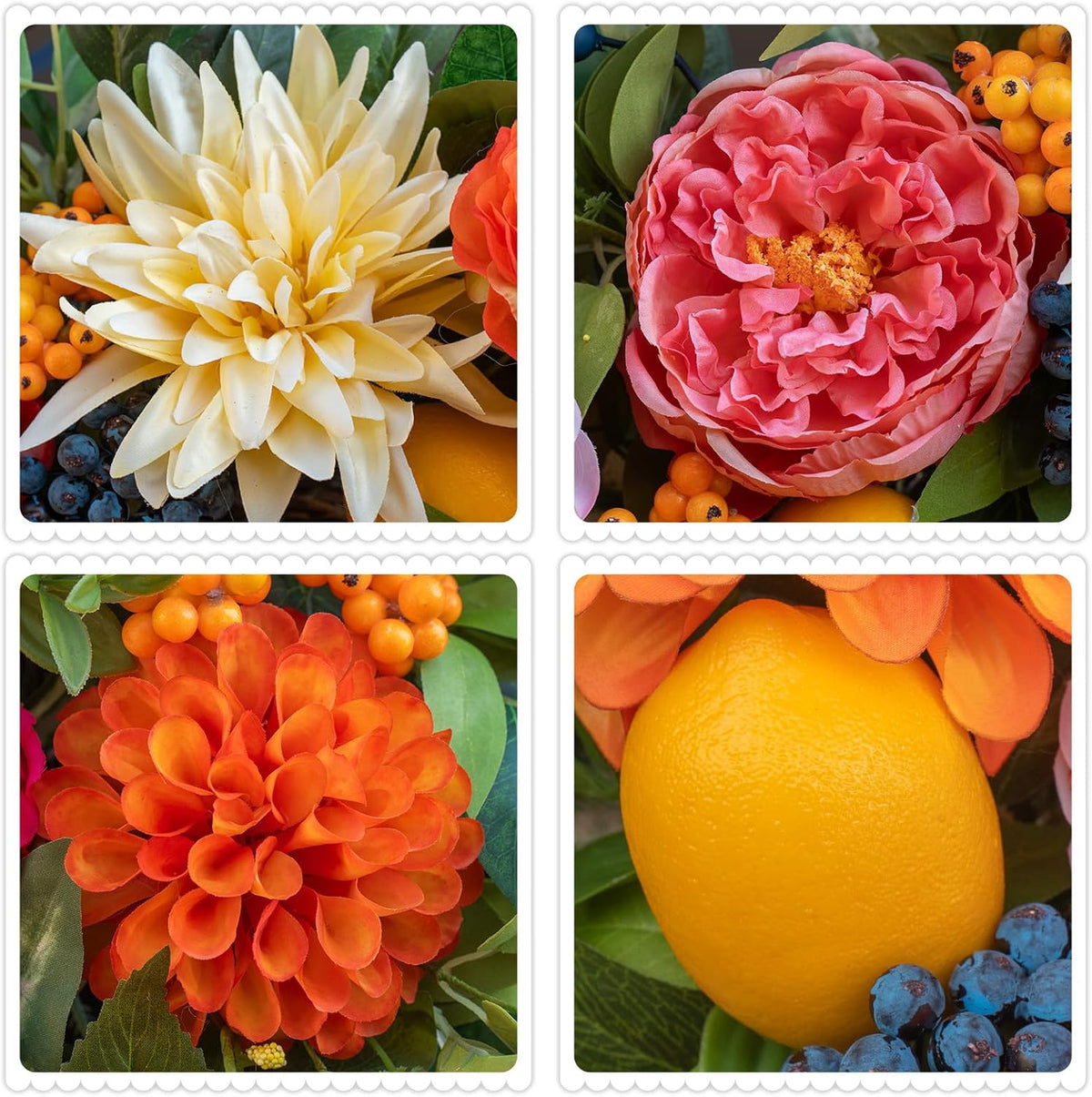 24 Inch Spring Wreath for Front Door - Peony, Dahlia, Hydrangea with Faux Lemons and Berries