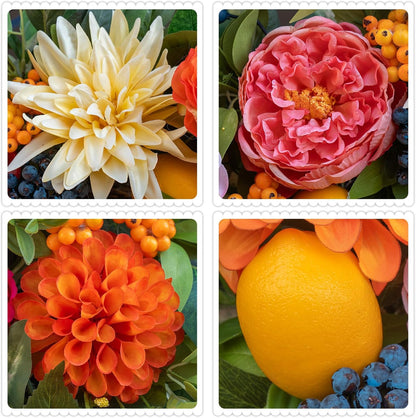24 Inch Spring Wreath for Front Door - Peony, Dahlia, Hydrangea with Faux Lemons and Berries