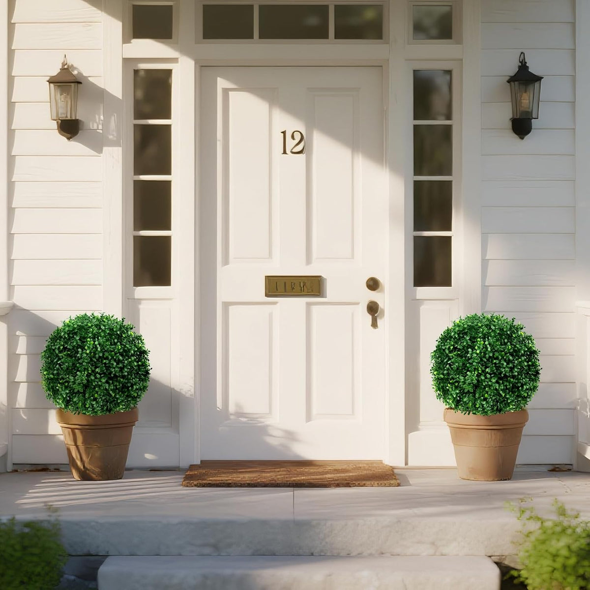 Artificial Boxwood Topiary Ball Tree Set of 2, UV Resistant Artificial Outdoor Shrubs with Spike, Decorative Evergreen Fake Topiary Bushes Plant for Front Porch Garden