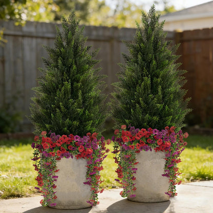 Artificial Topiary Cedar Trees 3FT Tall 2 Set with 12 Bundles Faux Silk Flowers, Outdoor Indoor Faux Pine Shrubs Plants, Fake Bushes Plants for Home Front Porch Door Patio