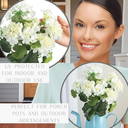 Factory Direct Craft White Silk Artificial Geranium Bush - Weather Resistant Indoor or Outdoor Summer Flower Arrangements, Floral Displays, Window Boxes, Porch Pots - Size: 18" H