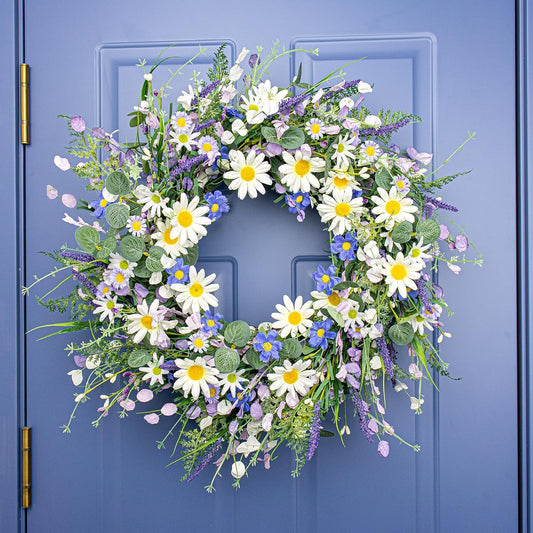 22 Inches Spring Wreaths for Front Door Blue Spring Door Wreath Summer Floral Wreath with Wildflower Lanvender for Wall Porch Indoors Outdoor Window Home Decorations