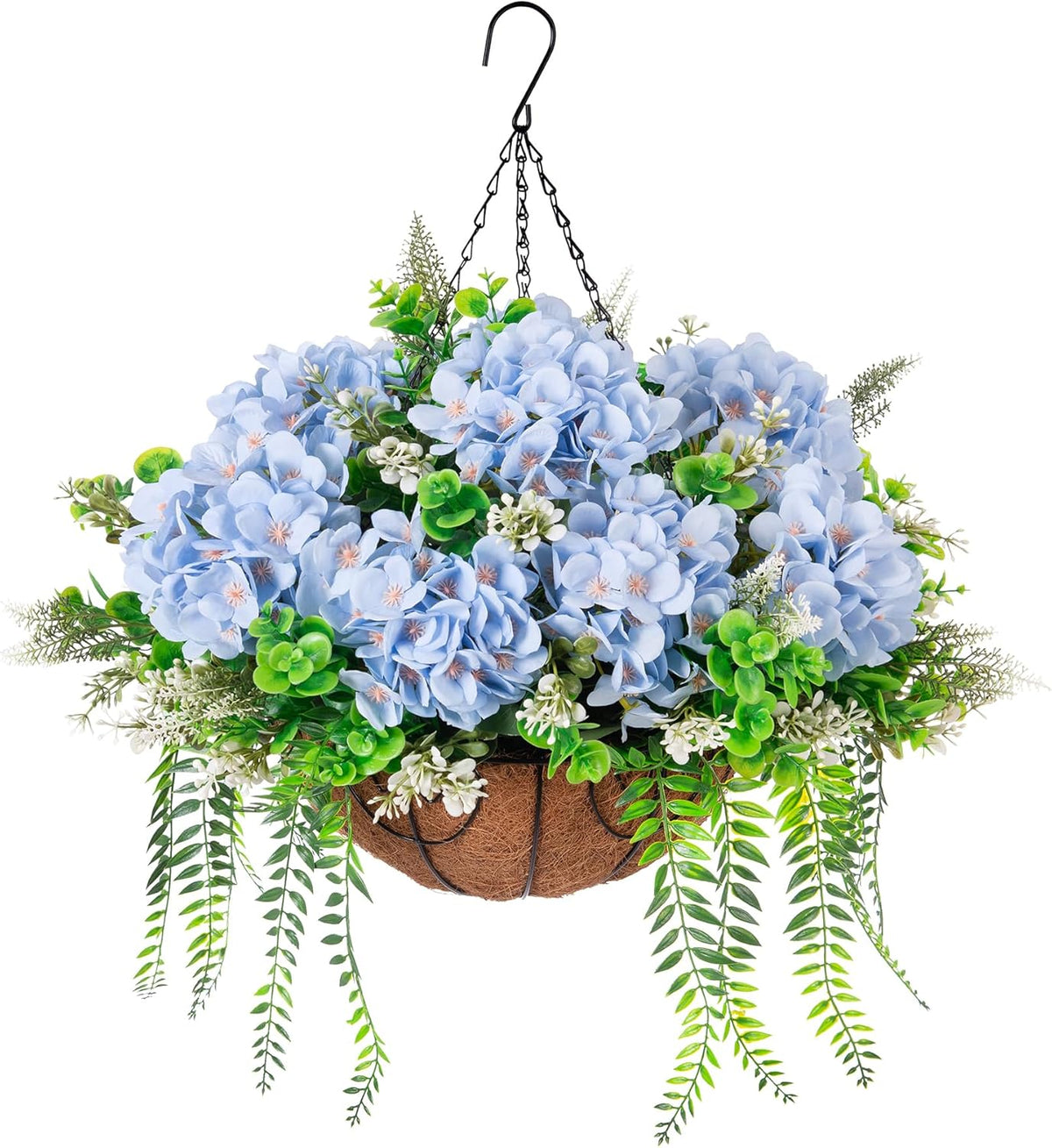 Artificial Hanging Hydrangea Flowers with Basket for Outdoor Spring Decoration, Fake Silk Hydrangea Flower Outdoor Indoor Arrangements, Fake Hanging Plants for Balcony Garden Yard Decor(Blue)