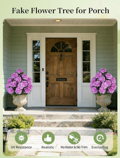 BLOSMON Hydrangea Topiary Trees Artificial - Outdoor 2 Packs 33" Pink Fake Flower Ball Tree for Front Porch Planters Urns Decor - 20 Heads Faux Hydrangea Bush Plants with Spike for Garden Yard Patio