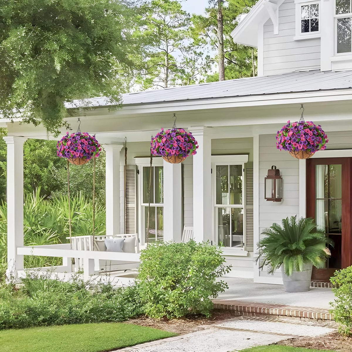 Homsunny Artificial Fake Hanging Flowers with Basket for Outdoors, Faux Silk Petunias Flower Spring Summer Decor UV Resistant Look Real Outside Patio Front Porch Decorations